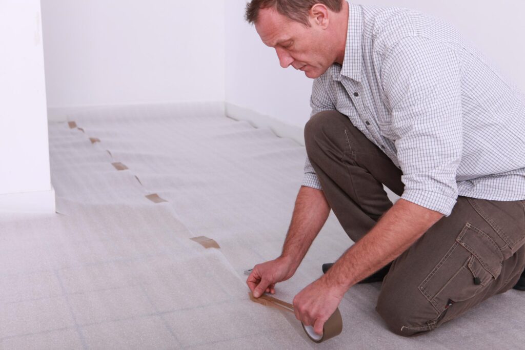 man taping the sheet on the flooring