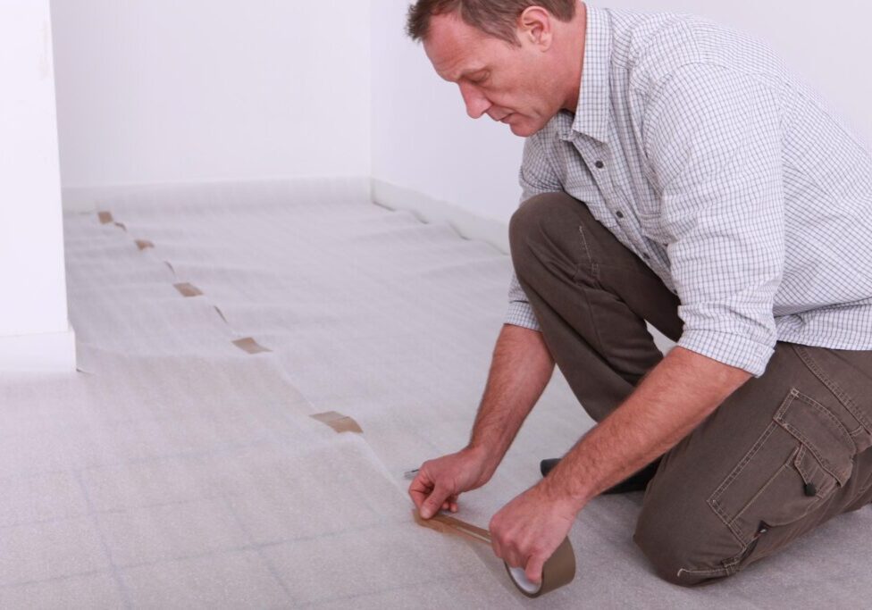 man taping the sheet on the flooring